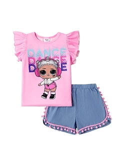 L.O.L. Surprise! Girls Clothes Set Doll Print Ruffle Sleeve Tee Top T-shirt and Shorts Kids Girl Clothes