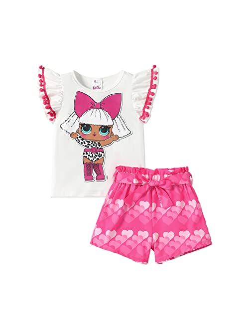 L.O.L. Surprise! Girls Clothes Set Doll Print Ruffle Sleeve Tee Top T-shirt and Shorts Kids Girl Clothes