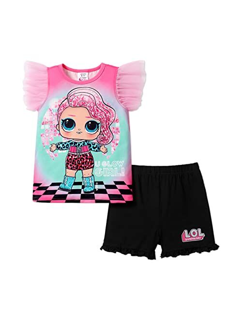 L.O.L. Surprise! Girls Clothes Set Doll Print Ruffle Sleeve Tee Top T-shirt and Shorts Kids Girl Clothes