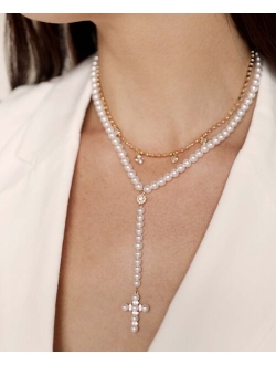 Imitation Pearl Cross Drop Lariat 18K Gold Plated Necklace Set, 2 Pieces