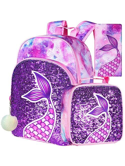 gxtvo 3PCS Girls Backpack, 16" Sequin Prechool Elementary Bookbag and Lunch Box