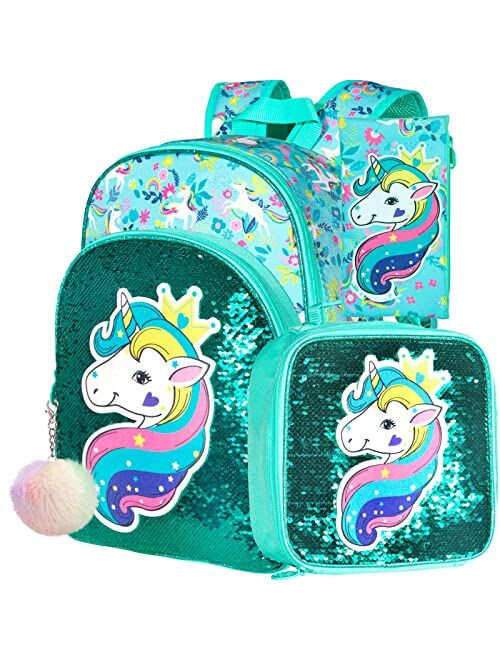 gxtvo 3PCS Girls Backpack, 16" Sequin Prechool Elementary Bookbag and Lunch Box