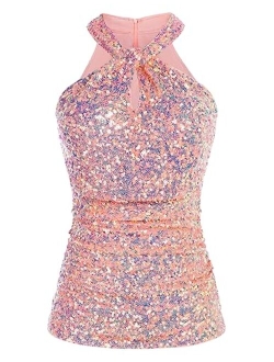 Sequin Tops for Women Elegant Halter Tops Sparkle Tank Shimmer Party Club Cocktail Slim Fit Ruched Tops