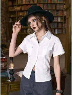 Shein Academia Solid Button Front Shirt