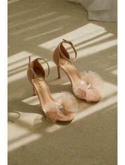 Rexie Light Nude Suede Bow Pointed-Toe Ankle Strap Heels