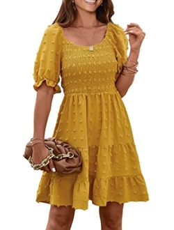 Women's Summer Dresses Casual Square Neck Short Puff Sleeve Swiss Dot Flowy A Line Swing Dress