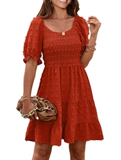 Women's Summer Dresses Casual Square Neck Short Puff Sleeve Swiss Dot Flowy A Line Swing Dress