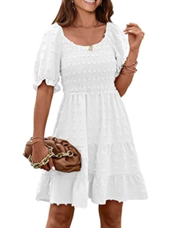 Women's Summer Dresses Casual Square Neck Short Puff Sleeve Swiss Dot Flowy A Line Swing Dress