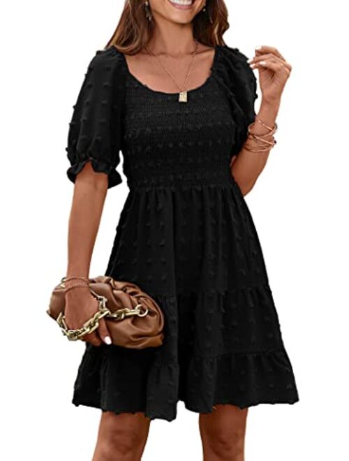 PRETTYGARDEN Women's Summer Dresses Casual Square Neck Short Puff Sleeve Swiss Dot Flowy A Line Swing Dress