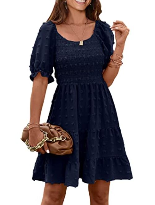 PRETTYGARDEN Women's Summer Dresses Casual Square Neck Short Puff Sleeve Swiss Dot Flowy A Line Swing Dress