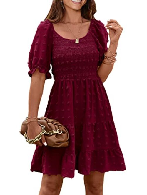 PRETTYGARDEN Women's Summer Dresses Casual Square Neck Short Puff Sleeve Swiss Dot Flowy A Line Swing Dress