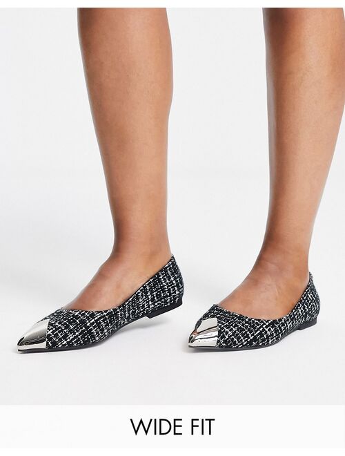 ASOS DESIGN Wide Fit Lexy metal toe cap ballet flats in black tweed