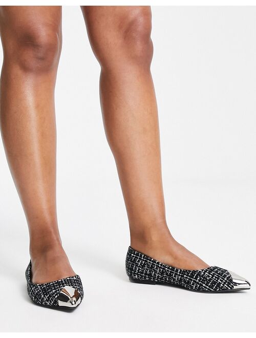 ASOS DESIGN Wide Fit Lexy metal toe cap ballet flats in black tweed