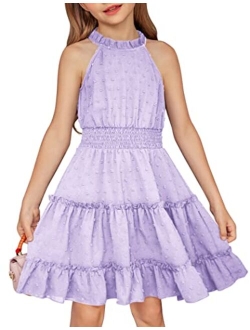 Girls Halter Neck Sleeveless Dress Casual Flowy Swiss Dot Smocked Cute Summer Dress for 5-12 Years