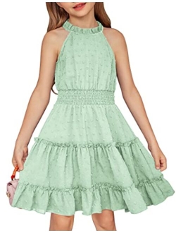 Girls Halter Neck Sleeveless Dress Casual Flowy Swiss Dot Smocked Cute Summer Dress for 5-12 Years