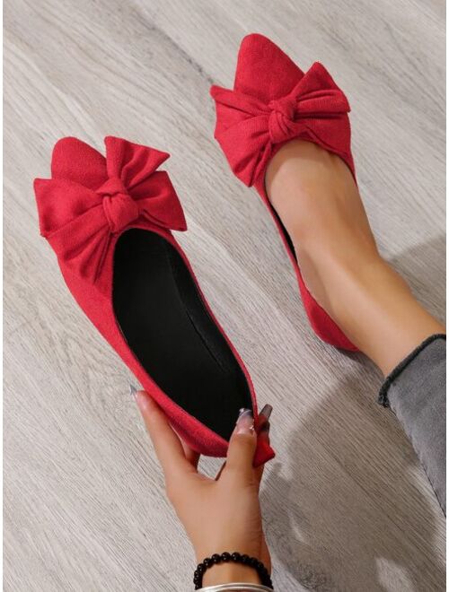 Women Red Faux Suedette Bow Decor Ballet Flats Elegant Point Toe Flat Shoes