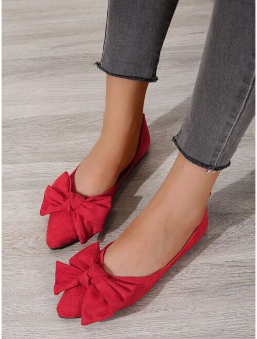 Women Red Faux Suedette Bow Decor Ballet Flats Elegant Point Toe Flat Shoes