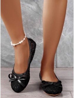 Women Bow Decor Ballets Mesh Panel Elegant Flats