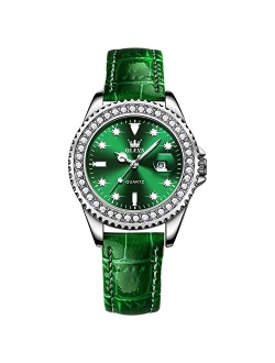 Watches for Women Diamond with Date Luxury Leather Female Waterproof Women Wrist Watch Analog Dress Stainless Steel Ladies Watch Luminous Calendar Women Watch Green