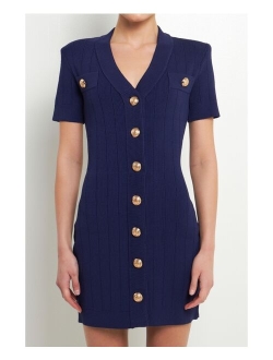 Women's Shank Button V-neckline Knit Mini Dress