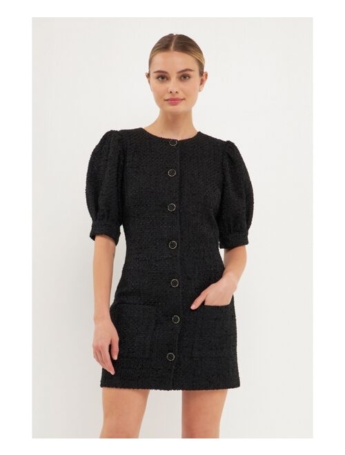 ENDLESS ROSE Women's Puff Sleeve Tweed Mini Dress