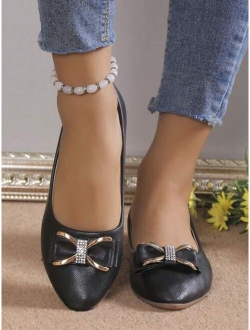 Women White Rhinestone Bow Decor Flats Fashionable Point Toe Ballet Flats