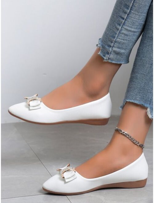 Women White Rhinestone Bow Decor Flats Fashionable Point Toe Ballet Flats