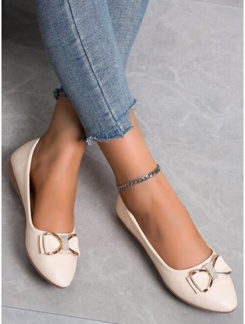 Women White Rhinestone Bow Decor Flats Fashionable Point Toe Ballet Flats