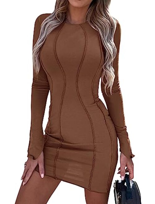 PRETTYGARDEN Womens 2023 Fall Bodycon Mini Dresses Casual Long Sleeve Solid Color Short Tight Ladies Party Club Fashion Dress