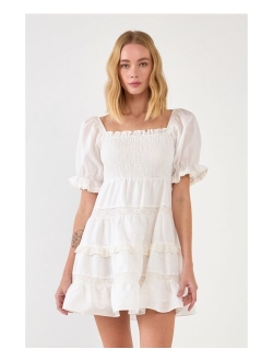 Women's Linen Smocked Mini Dress with Lace