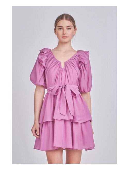 endless rose Women's Puff Sleeve Layered Mini Dress