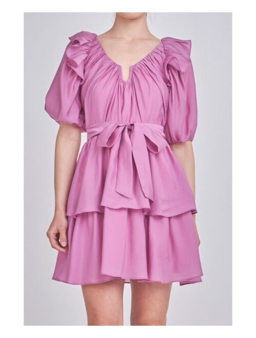 endless rose Women's Puff Sleeve Layered Mini Dress