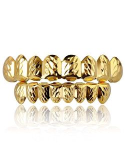 TOPGRILLZ 18K Gold Plated Hip Hop Rugged 8 Teeth TOP and Bottom Grillz for Your Teeth Set for Men and Women