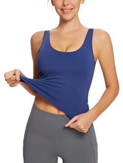 Women's Compression Workout Tank Crop Tops with Built-in Bra Sports Padded Longline Light Support Tight Fit Yoga Bras