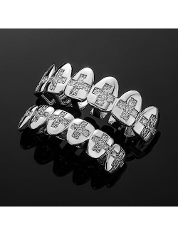 TOPGRILLZ Grills for Your Teeth Iced out Cross Diamond Stone 14K Gold Plated Grillz for Men Women Hip Hop