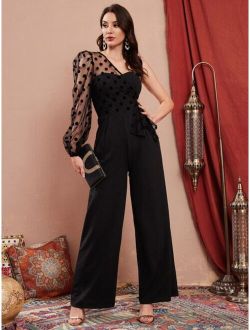 Modely Contrast Dobby Mesh Puff Sleeve One Shoulder Draped Side Jumpsuit