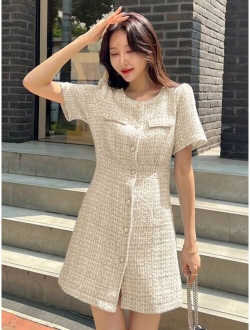 Flap Detail Pearls Button Puff Sleeve Tweed Dress