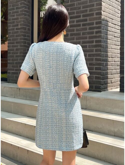 DAZY Flap Detail Pearls Button Puff Sleeve Tweed Dress