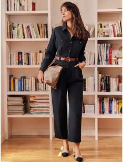 Frenchy Solid Button Front Shirt Jumpsuit Without Belt