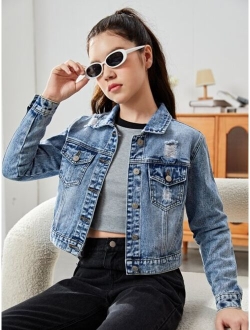 Teen Girl Ripped Flap Pocket Denim Jacket