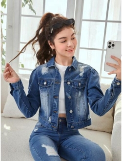 Teen Girls Ripped Flap Pocket Denim Jacket