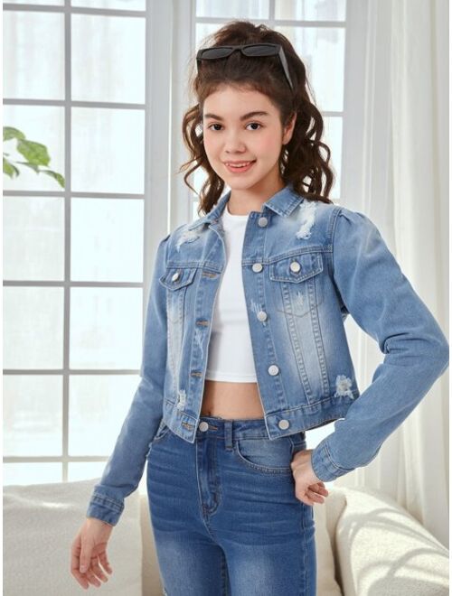 SHEIN Teen Girls Ripped Flap Pocket Denim Jacket