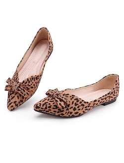 LJYCTTMJLFJY Women's Pointed Classic Leopard Print Flat Shoes with Bow Decoration, Casual and Comfortable Flat Shoes