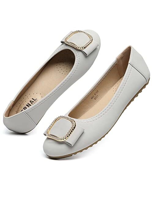 Bernal Women's Wide Width Comfortable Flat Shoes - Round Toe Classic Cute Rhinestones Bow Slip on Ballet Flats