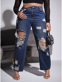 SXY Plus High Waist Ripped Straight Leg Jeans