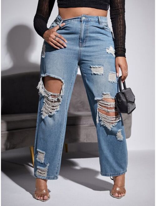 SHEIN SXY Plus High Waist Ripped Straight Leg Jeans