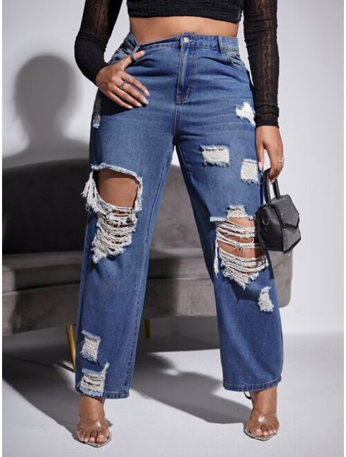 SHEIN SXY Plus High Waist Ripped Straight Leg Jeans