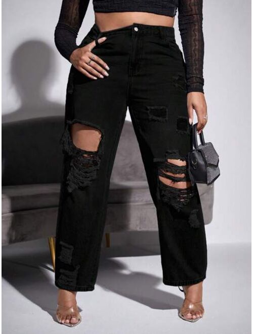 SHEIN SXY Plus High Waist Ripped Straight Leg Jeans