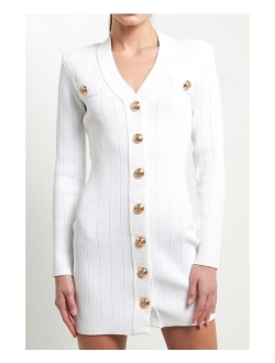 Women's Shank Button V-neckline Knit Mini Dress