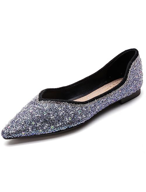 Danglianying Women's Flats Rhinestone Fashion Pointed Toe Dress Wedding Dance Ballet Flats for Women